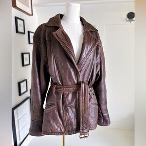 Vintage Tano Leathers Brown Belted Leather Jacket-80s 90s Oversized Trench Style